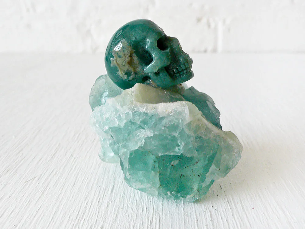 10% SALE Chrysoprase Carved Crystal Skull on Fluorite Octahedron Cluster