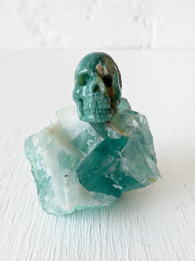 10% SALE Chrysoprase Carved Crystal Skull on Fluorite Octahedron Cluster