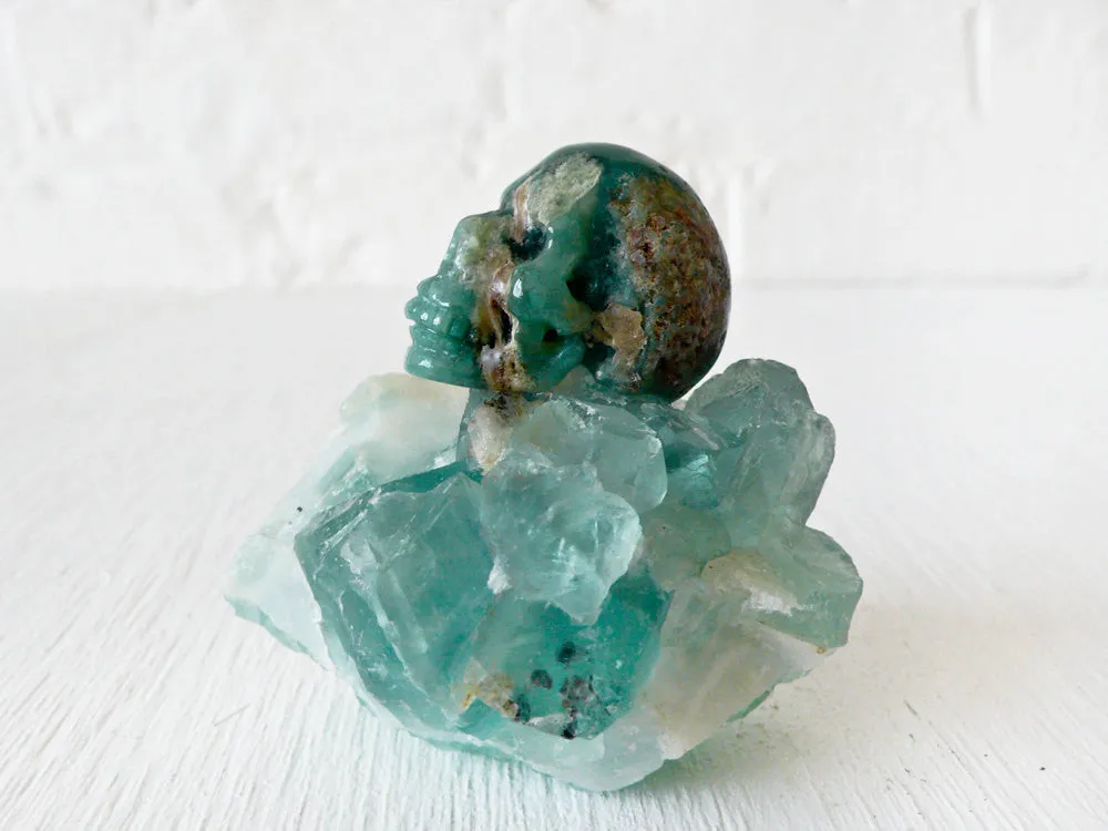 10% SALE Chrysoprase Carved Crystal Skull on Fluorite Octahedron Cluster