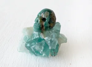 10% SALE Chrysoprase Carved Crystal Skull on Fluorite Octahedron Cluster