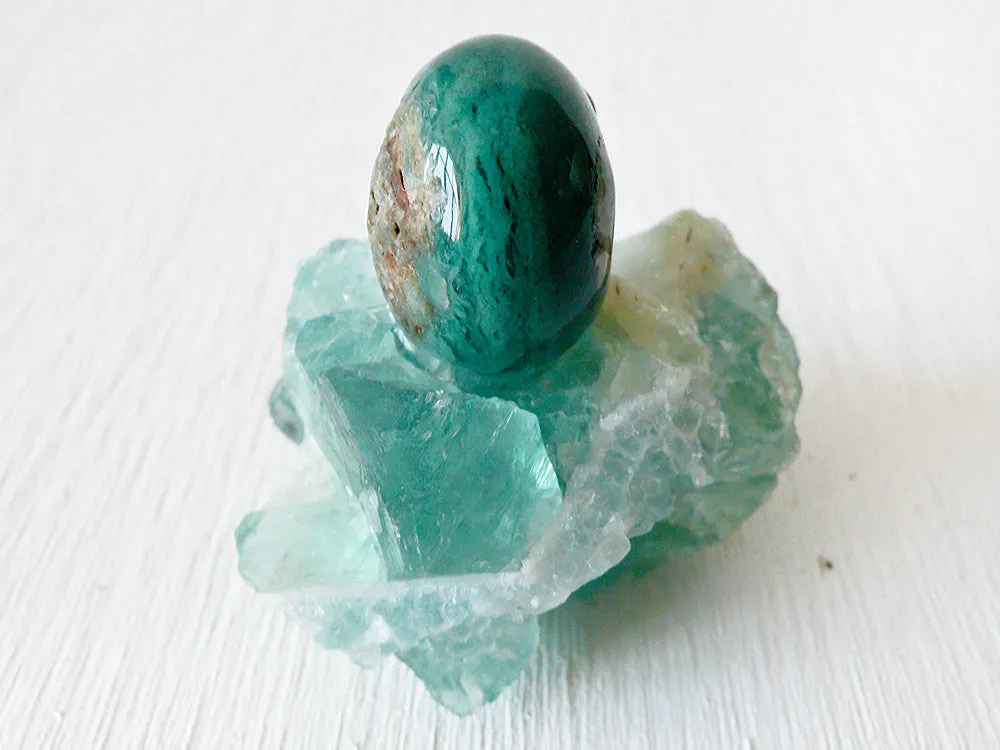 10% SALE Chrysoprase Carved Crystal Skull on Fluorite Octahedron Cluster