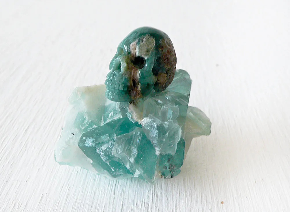 10% SALE Chrysoprase Carved Crystal Skull on Fluorite Octahedron Cluster