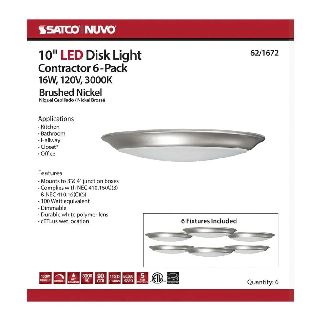 10" LED DISK LIGHT BRUSHED NICKEL 16W - 6PK