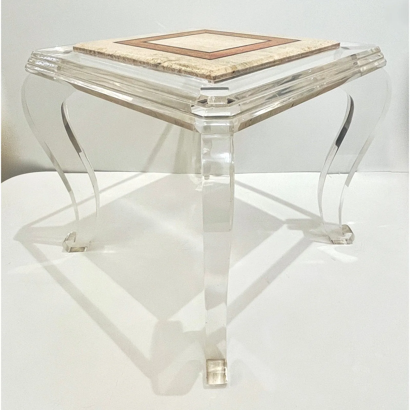 1970s Vintage Italian Lucite Pair of Tables with Encased Travertine & Marble Top