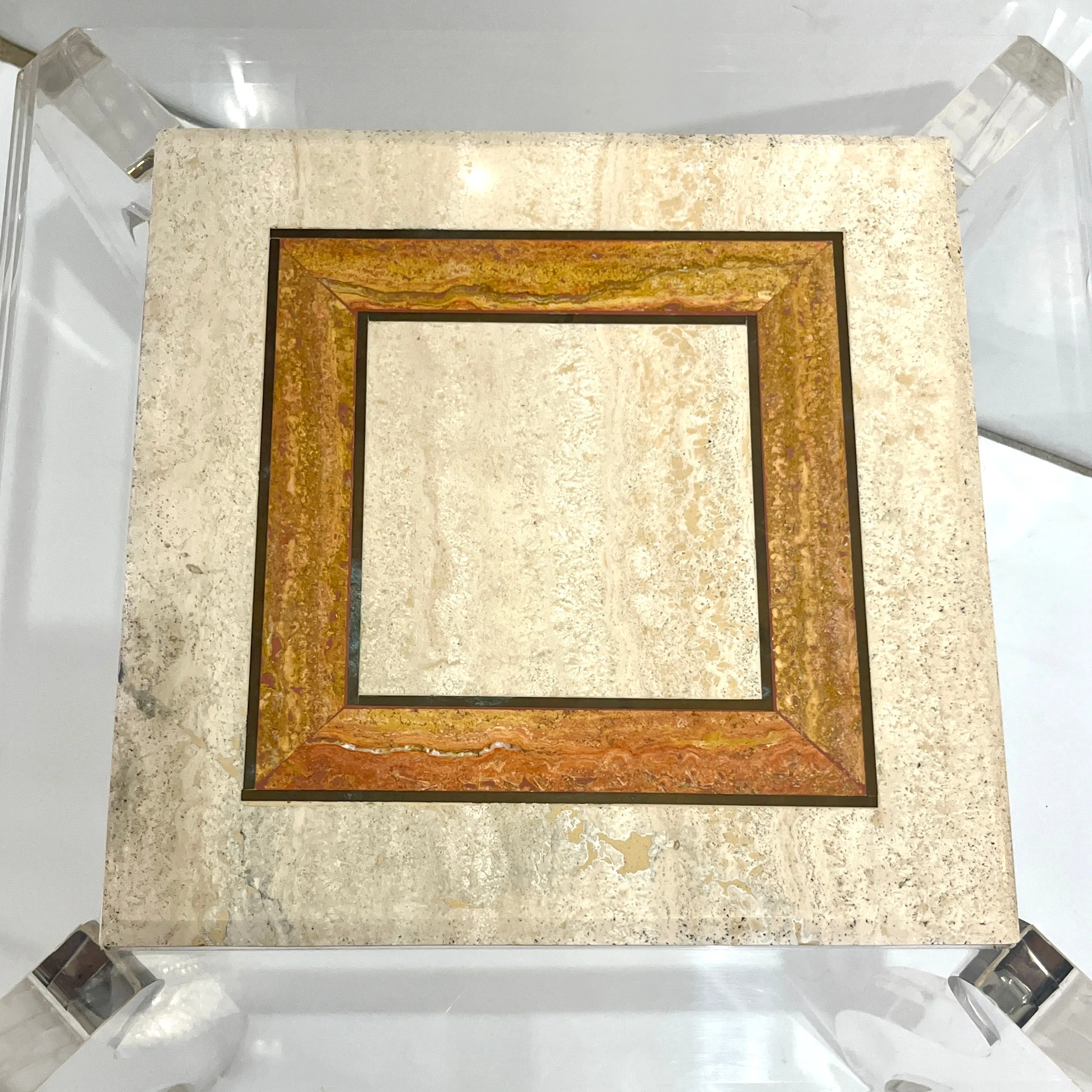 1970s Vintage Italian Lucite Pair of Tables with Encased Travertine & Marble Top