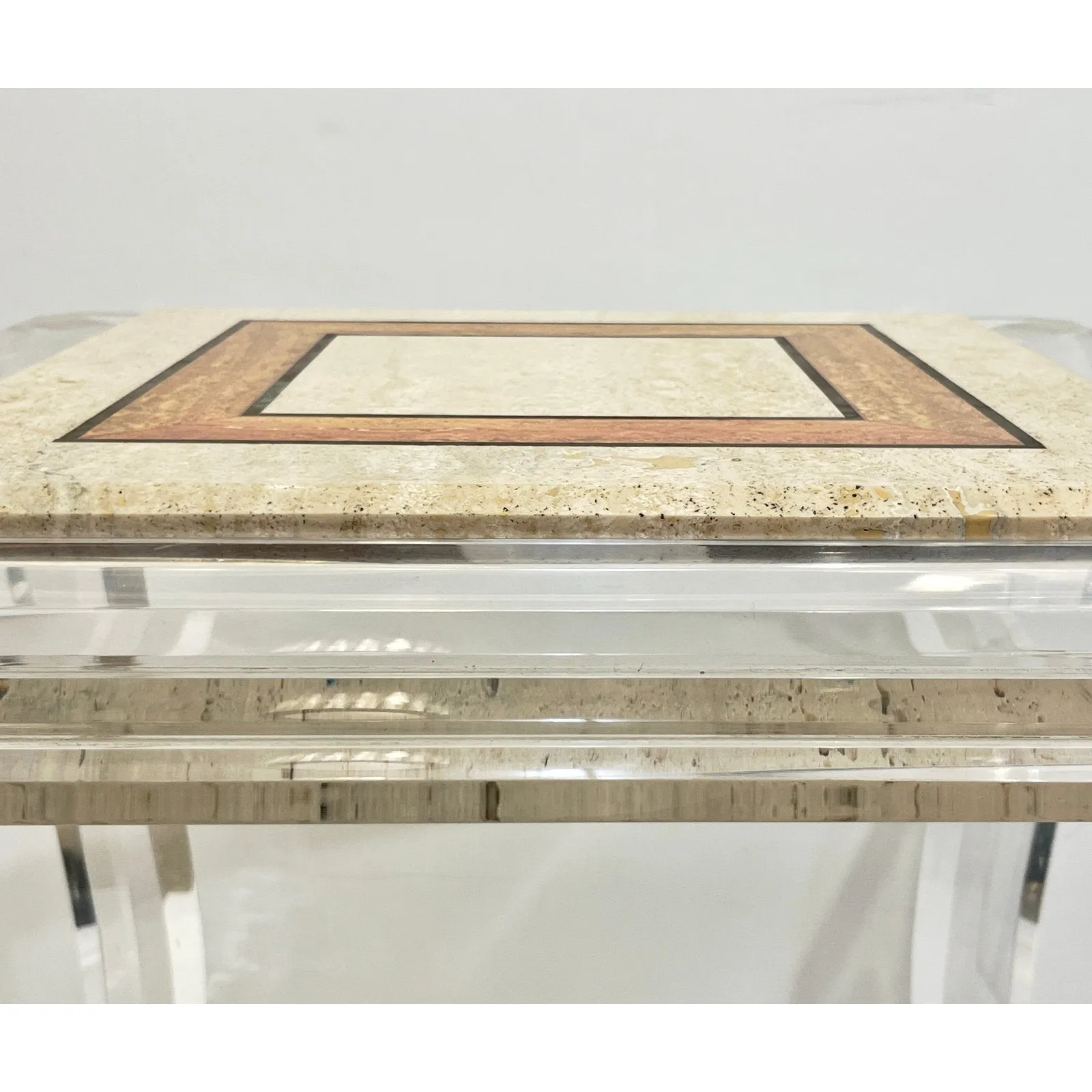 1970s Vintage Italian Lucite Pair of Tables with Encased Travertine & Marble Top