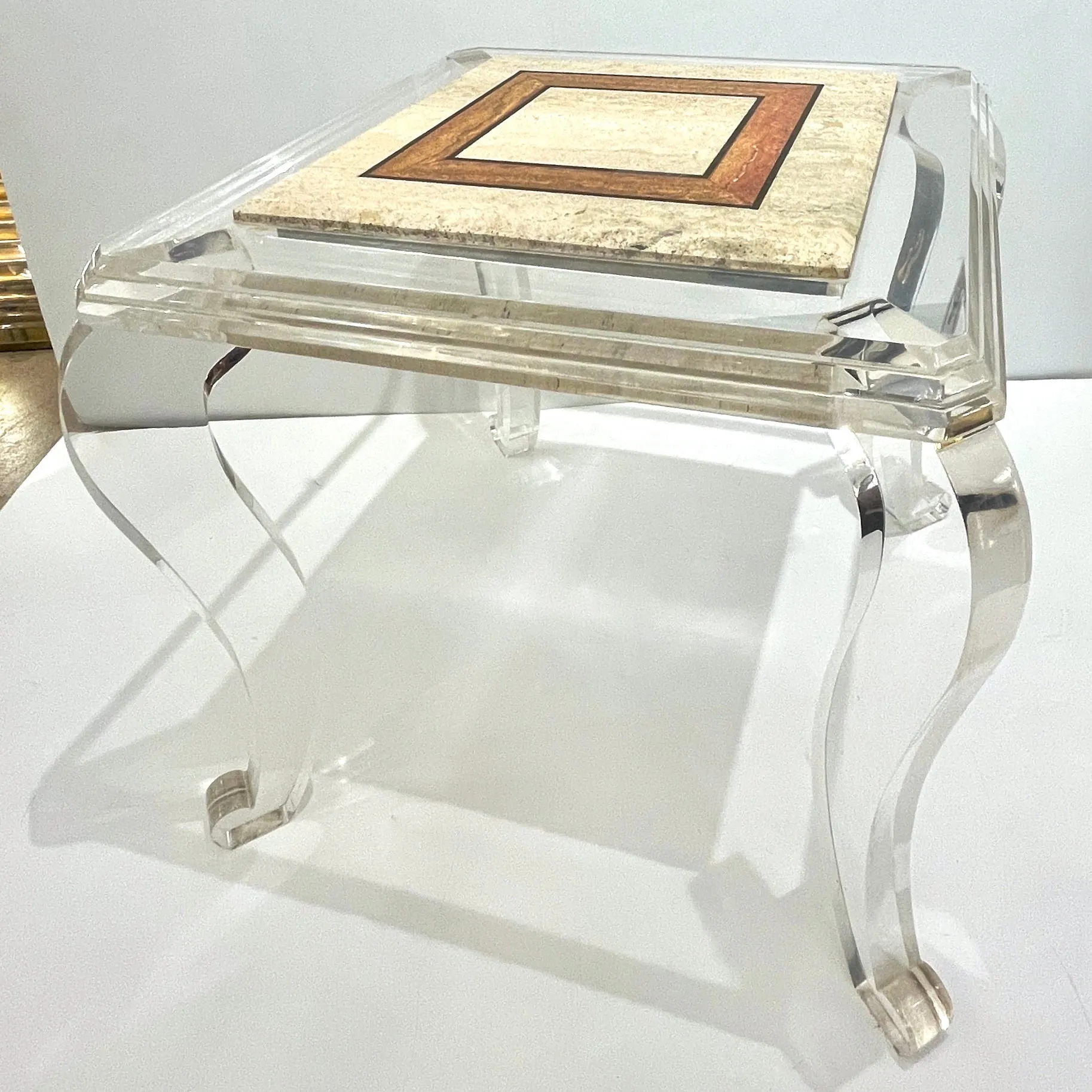 1970s Vintage Italian Lucite Pair of Tables with Encased Travertine & Marble Top