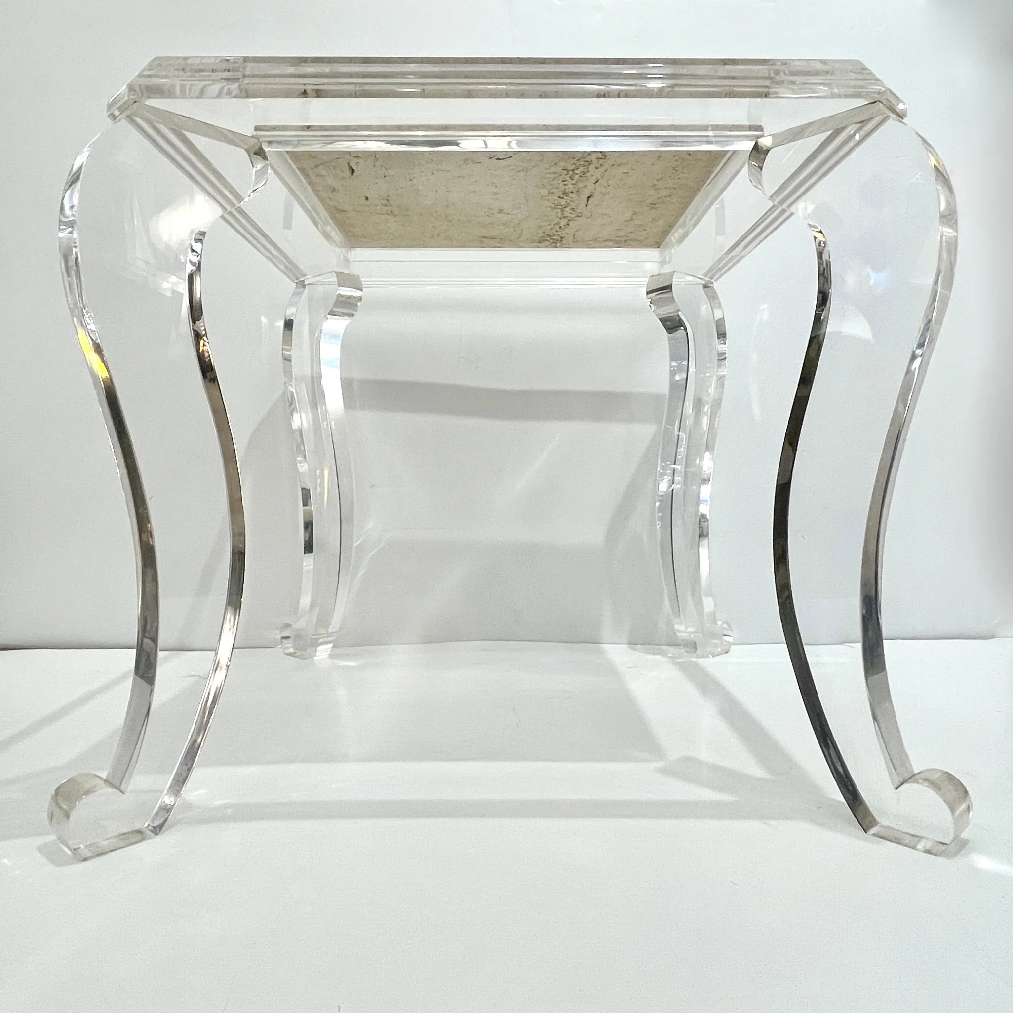 1970s Vintage Italian Lucite Pair of Tables with Encased Travertine & Marble Top
