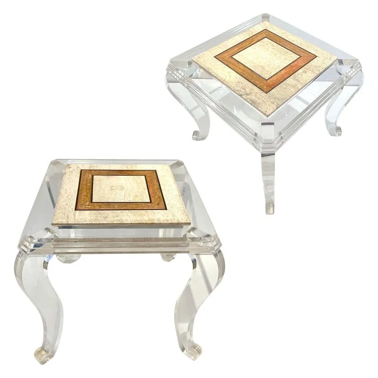 1970s Vintage Italian Lucite Pair of Tables with Encased Travertine & Marble Top
