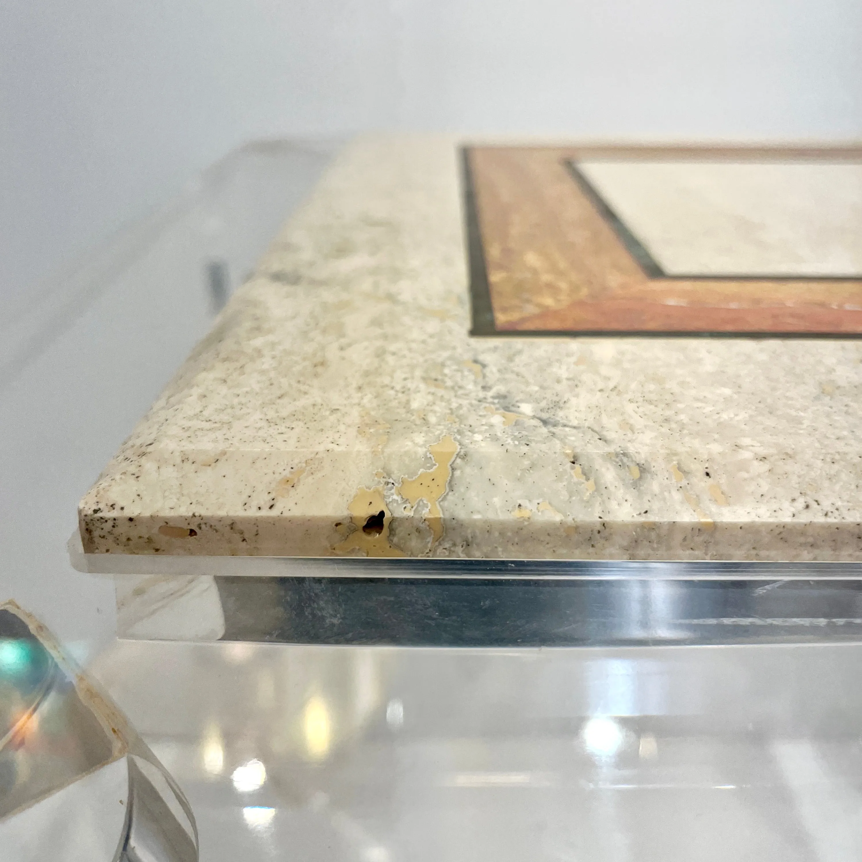 1970s Vintage Italian Lucite Pair of Tables with Encased Travertine & Marble Top
