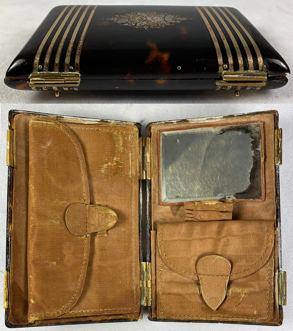 19th Century Tortoise Shell Etui, a Purse, Superb Interior and Pique with Crown Cartouche