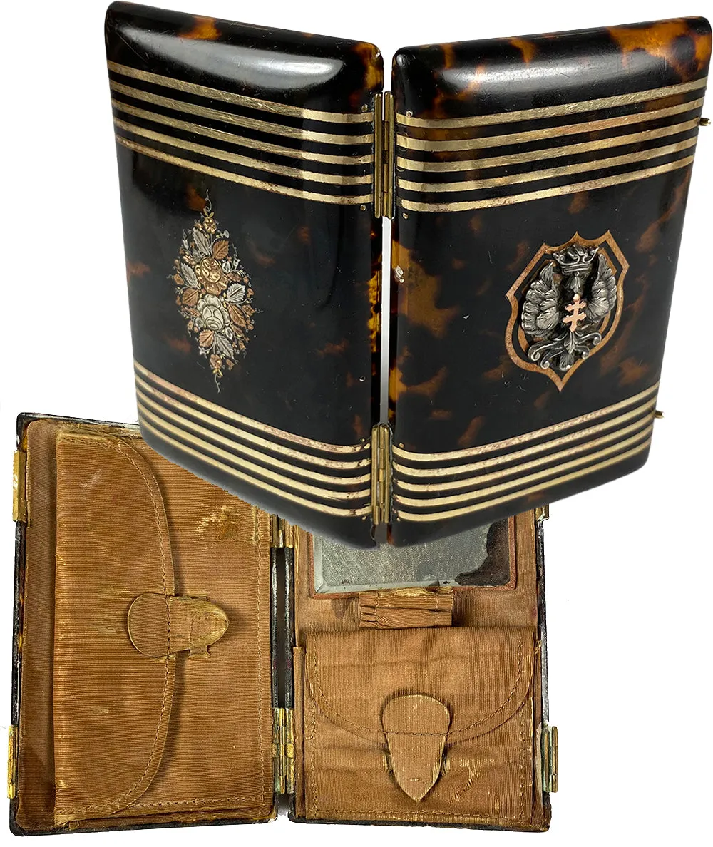 19th Century Tortoise Shell Etui, a Purse, Superb Interior and Pique with Crown Cartouche