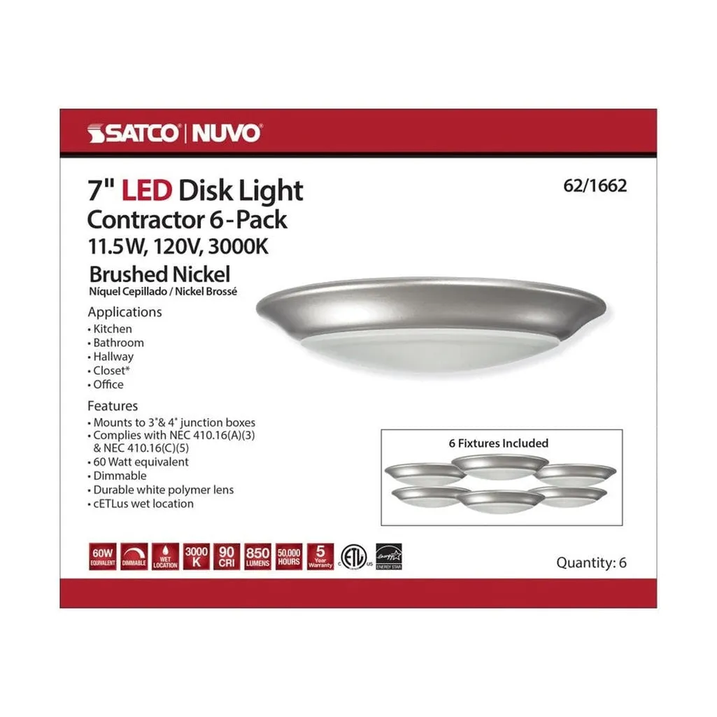 7" LED DISK LIGHT BRUSHED NICKEL 12W - 6PK