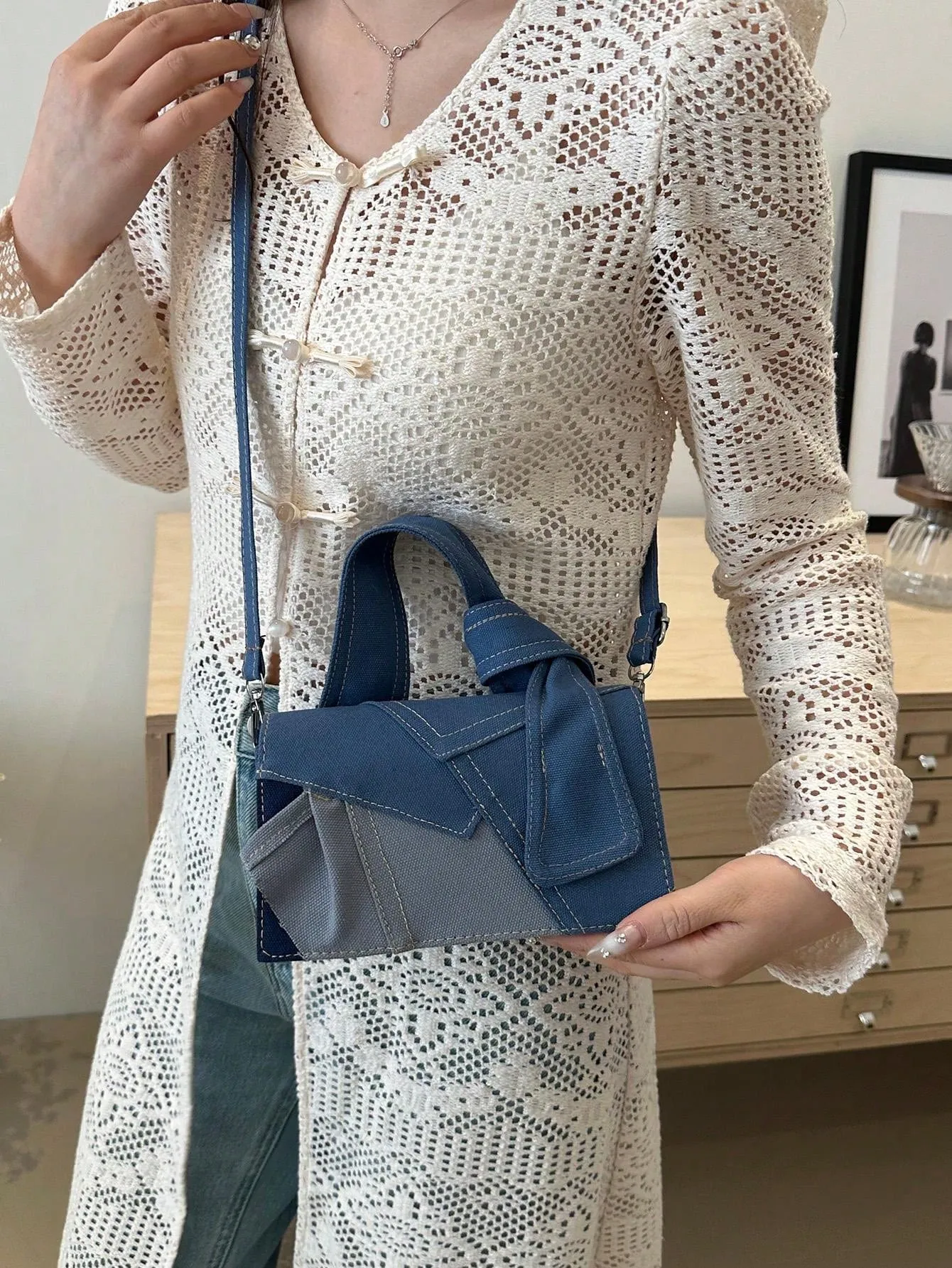 A Minimalist Vintage Mini Handbag Square Bag With Adjustable Long Shoulder Strap