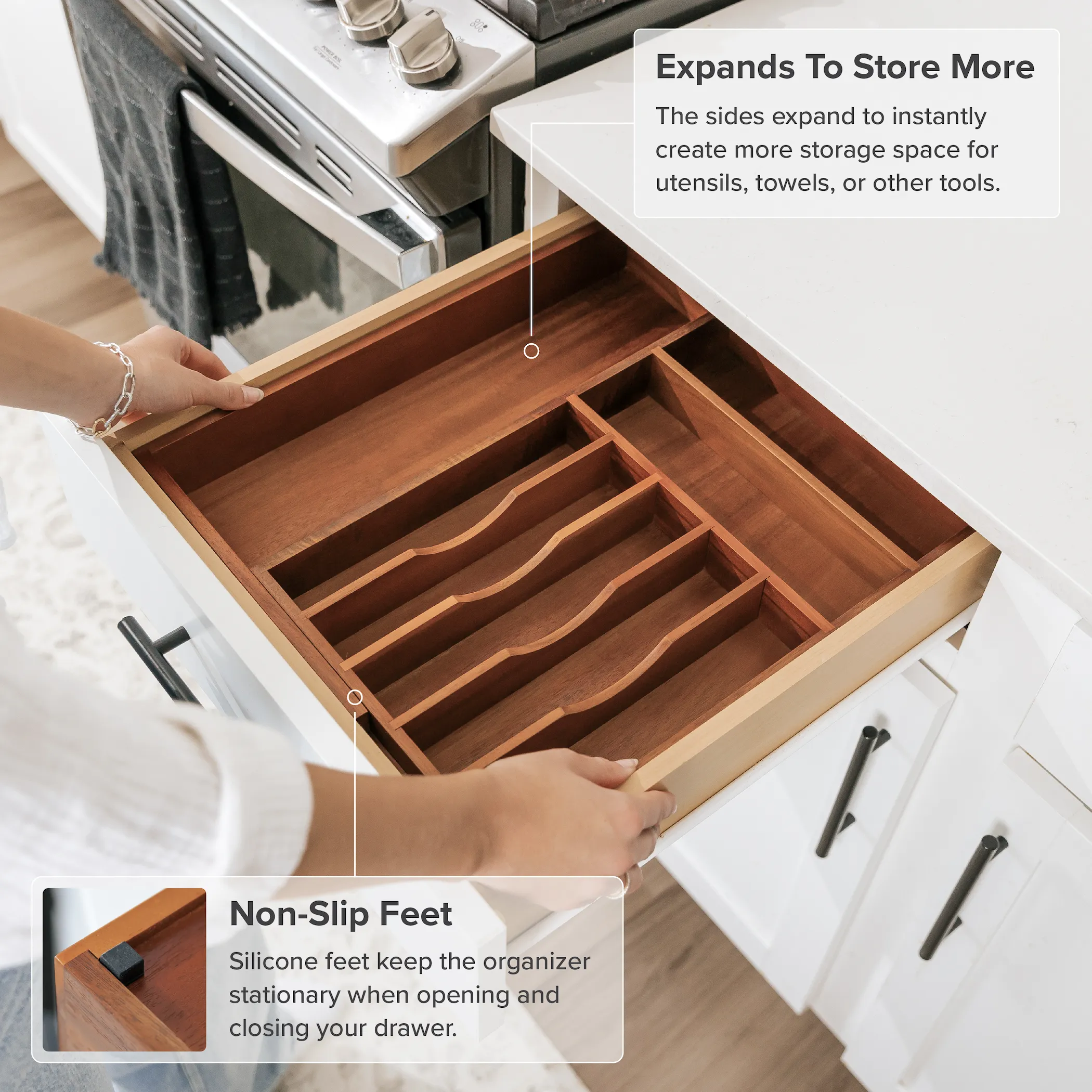 Acacia Drawer Organizer for Silverware & Utensils (Expands 10.5-19in)