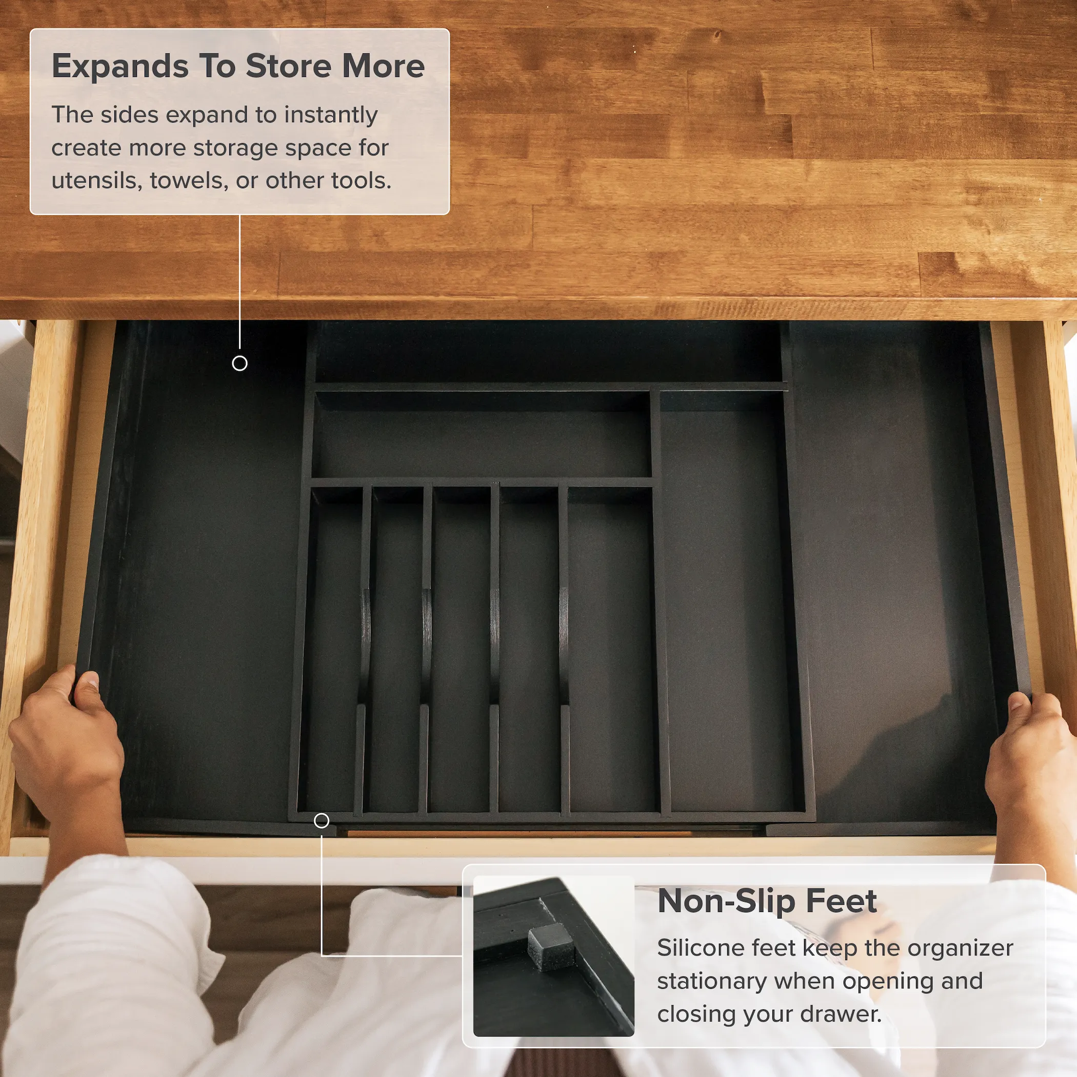 Bamboo Drawer Organizer for Silverware & Utensils - Black Finish (Expands 15.75-28in)
