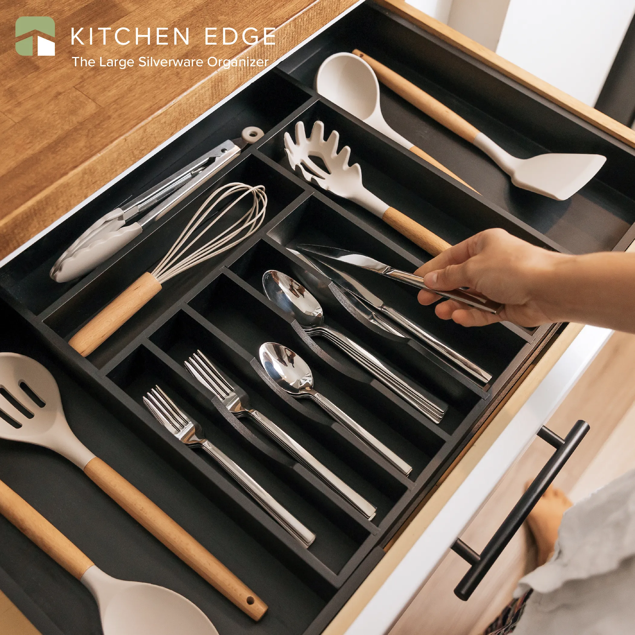 Bamboo Drawer Organizer for Silverware & Utensils - Black Finish (Expands 15.75-28in)