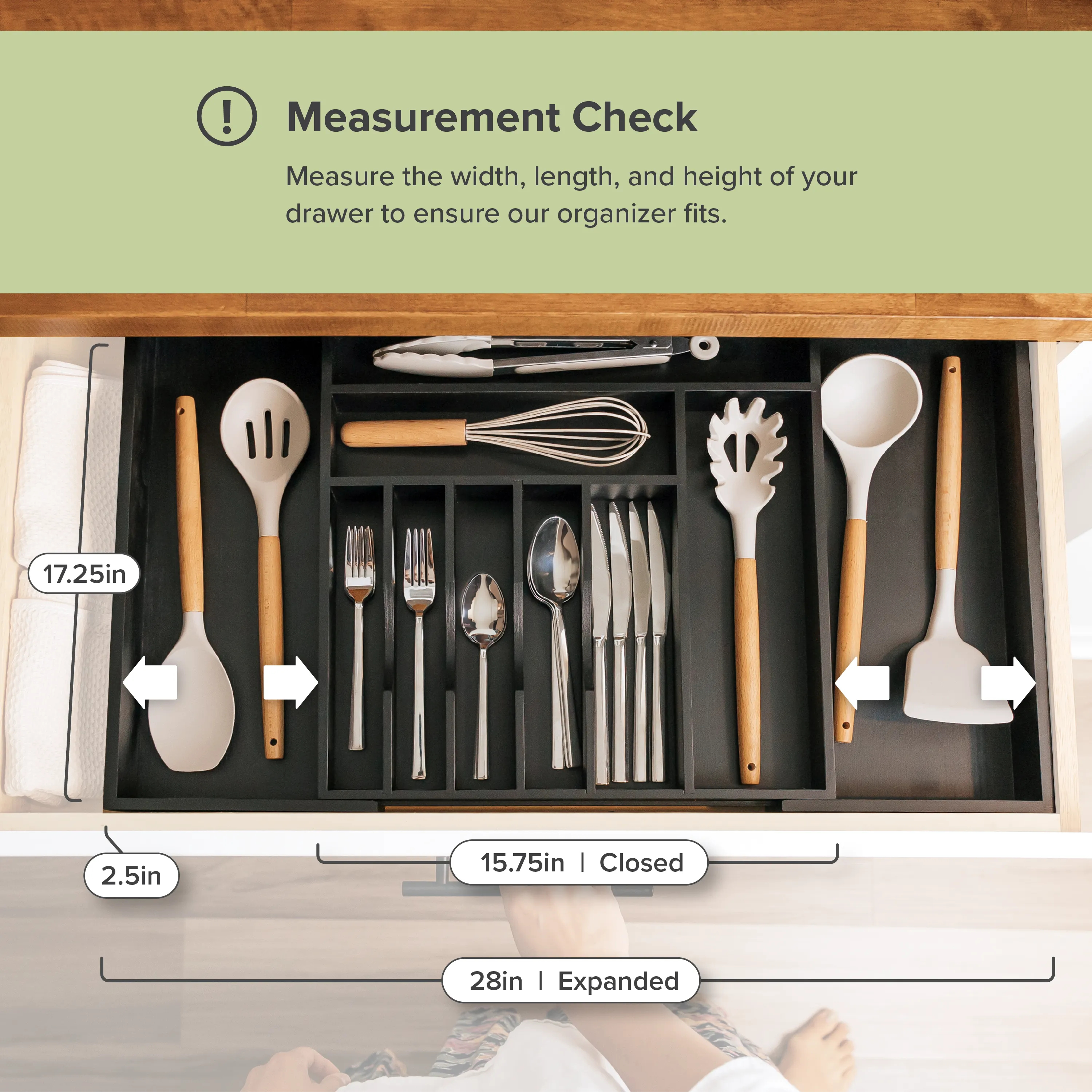 Bamboo Drawer Organizer for Silverware & Utensils - Black Finish (Expands 15.75-28in)