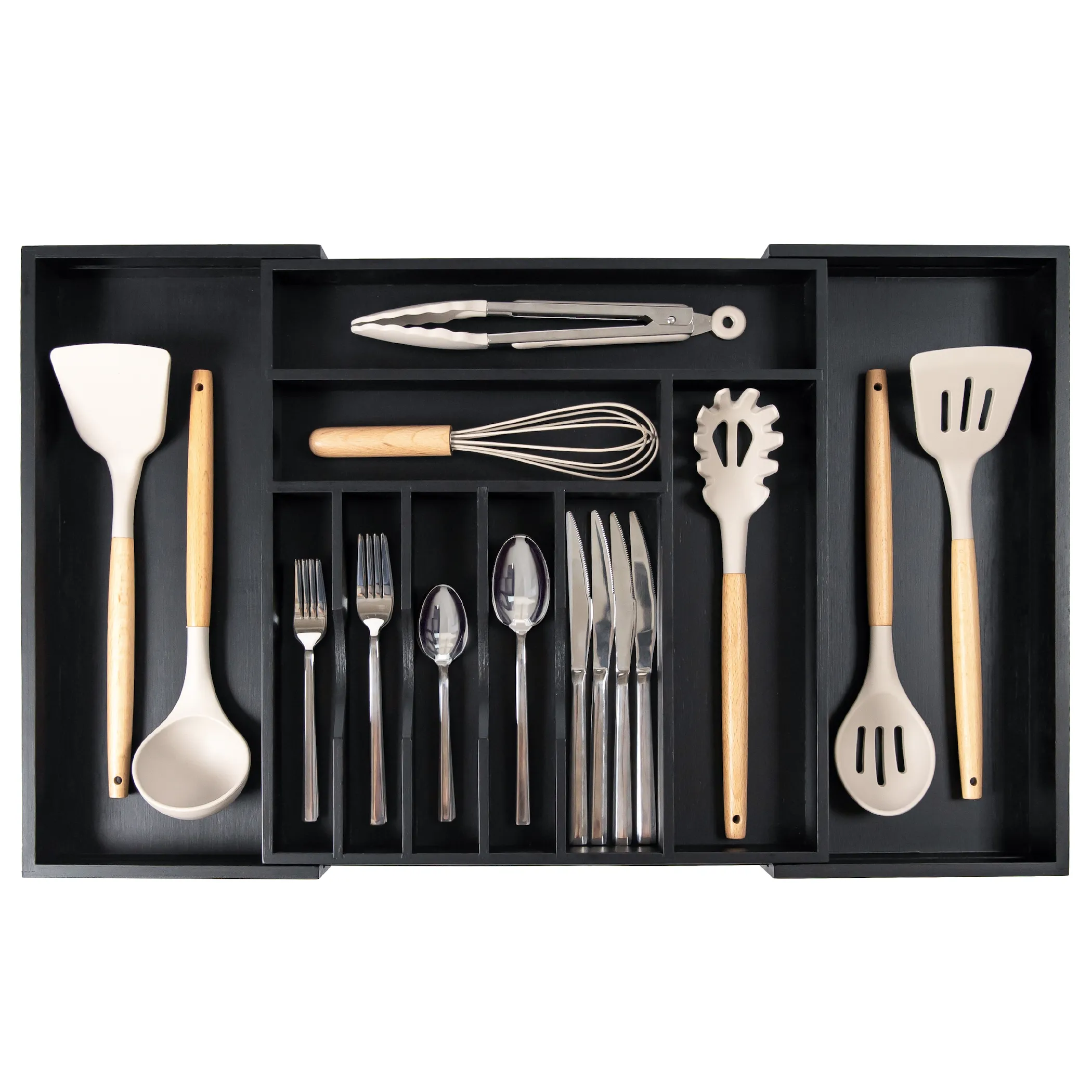 Bamboo Drawer Organizer for Silverware & Utensils - Black Finish (Expands 15.75-28in)