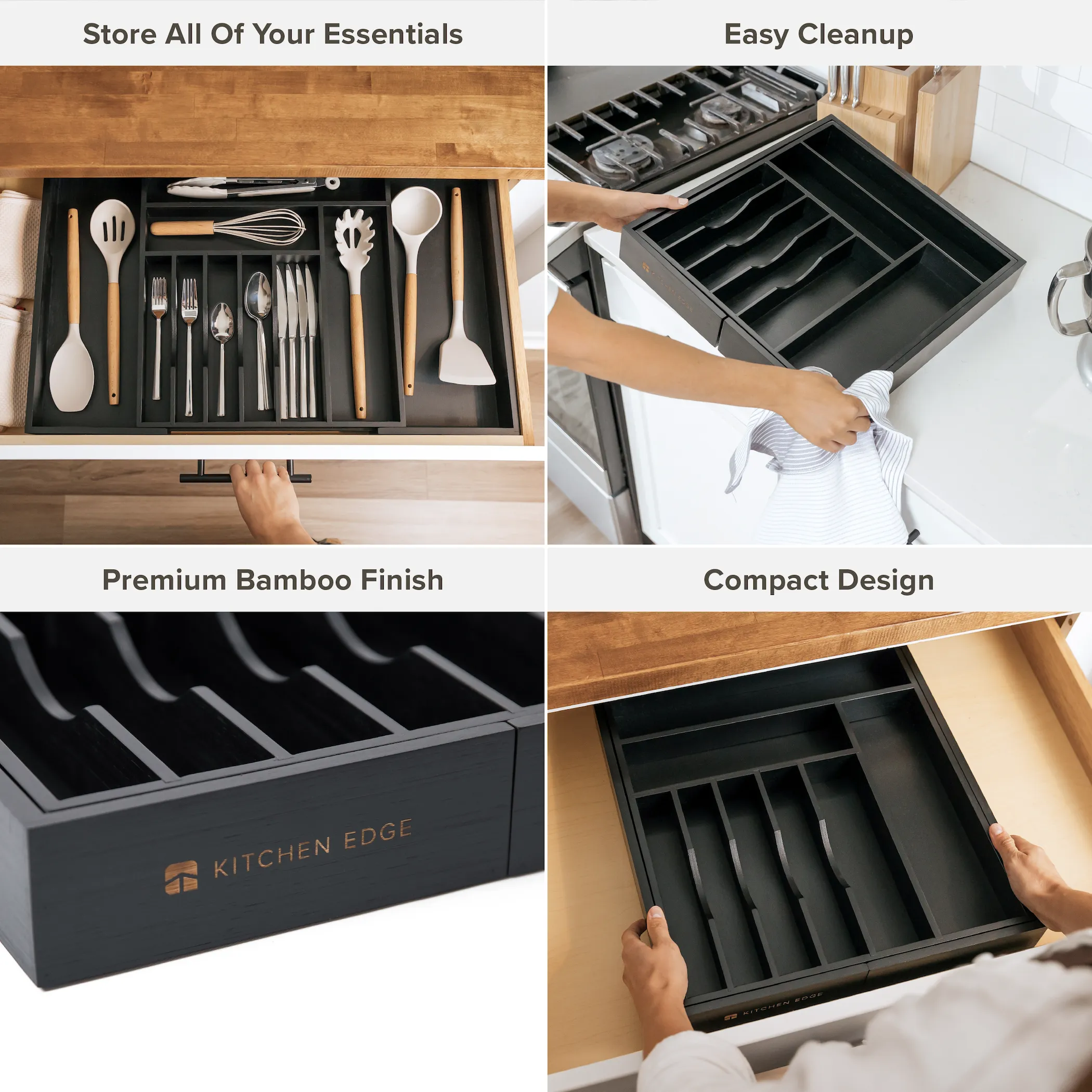 Bamboo Drawer Organizer for Silverware & Utensils - Black Finish (Expands 15.75-28in)
