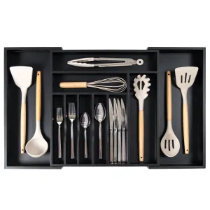 Bamboo Drawer Organizer for Silverware & Utensils - Black Finish (Expands 15.75-28in)