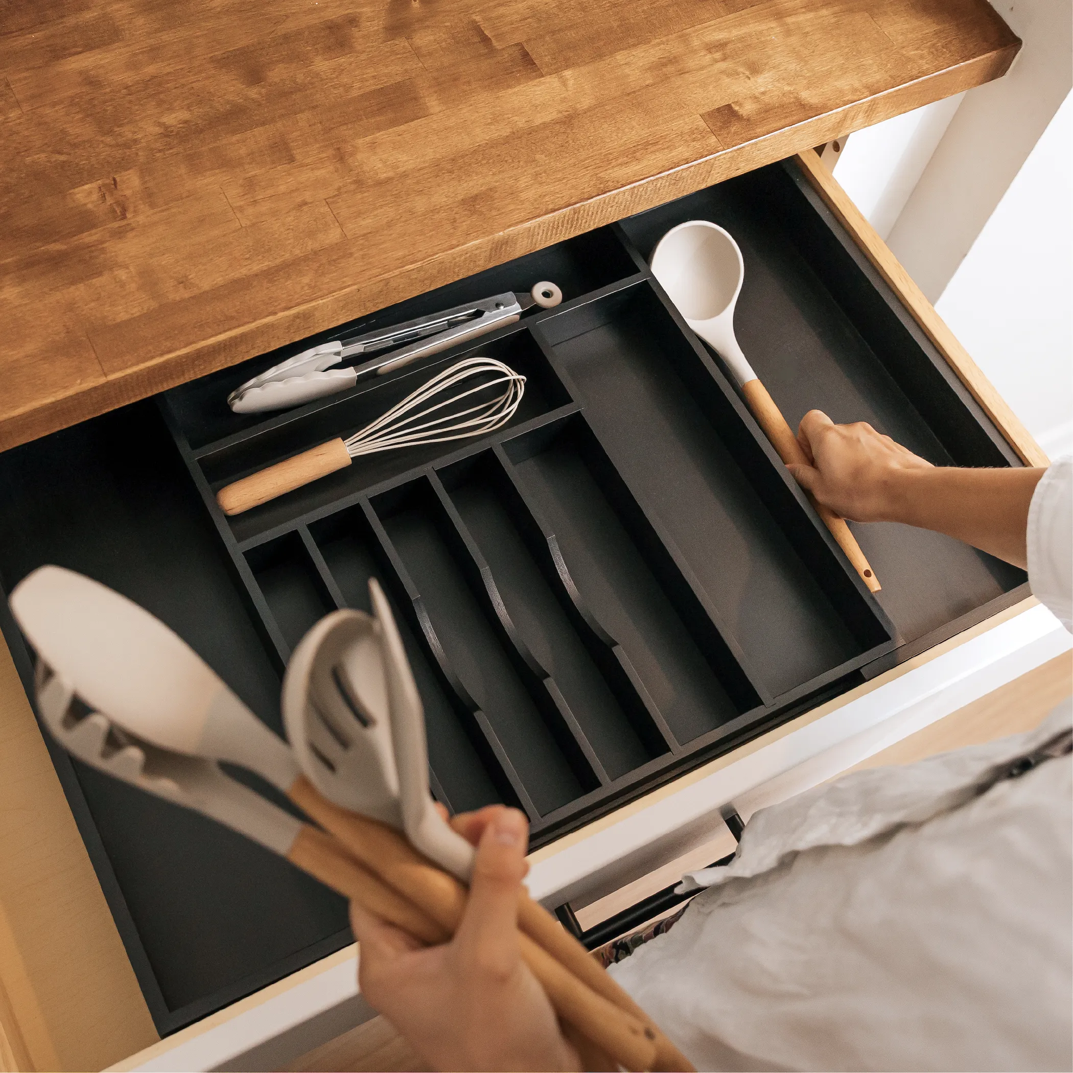 Bamboo Drawer Organizer for Silverware & Utensils - Black Finish (Expands 15.75-28in)
