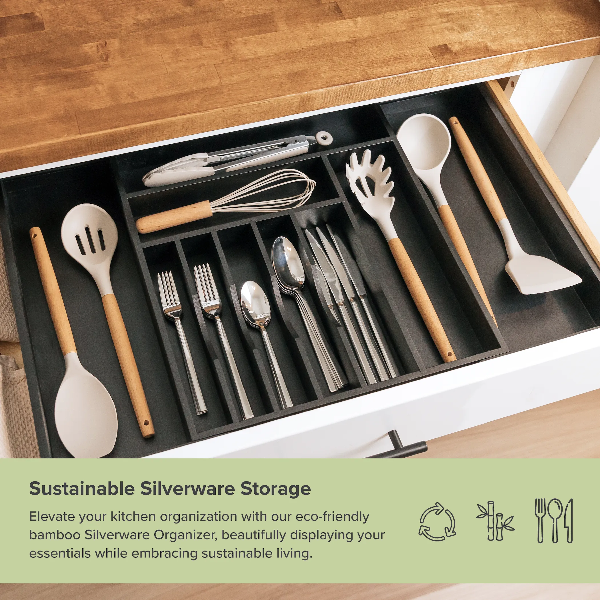 Bamboo Drawer Organizer for Silverware & Utensils - Black Finish (Expands 15.75-28in)