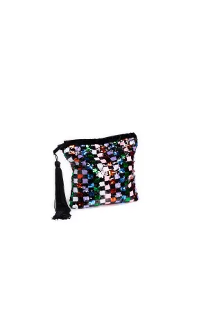 Black, white and green sequined bucket bag