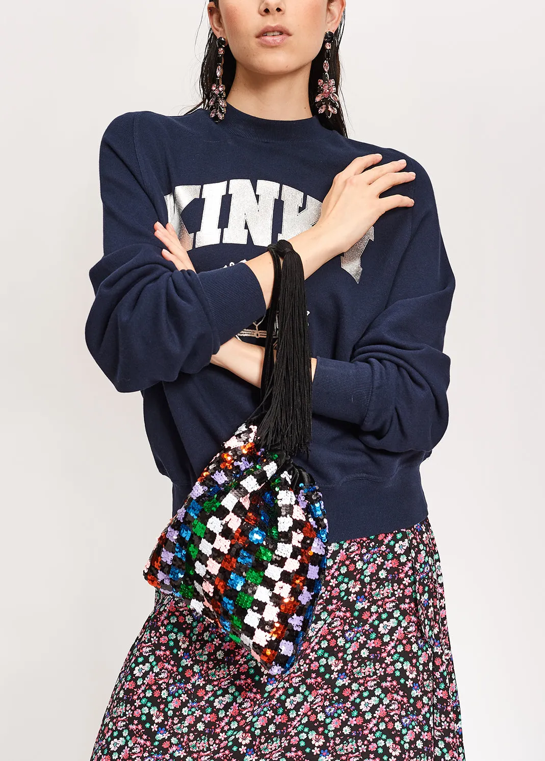 Black, white and green sequined bucket bag