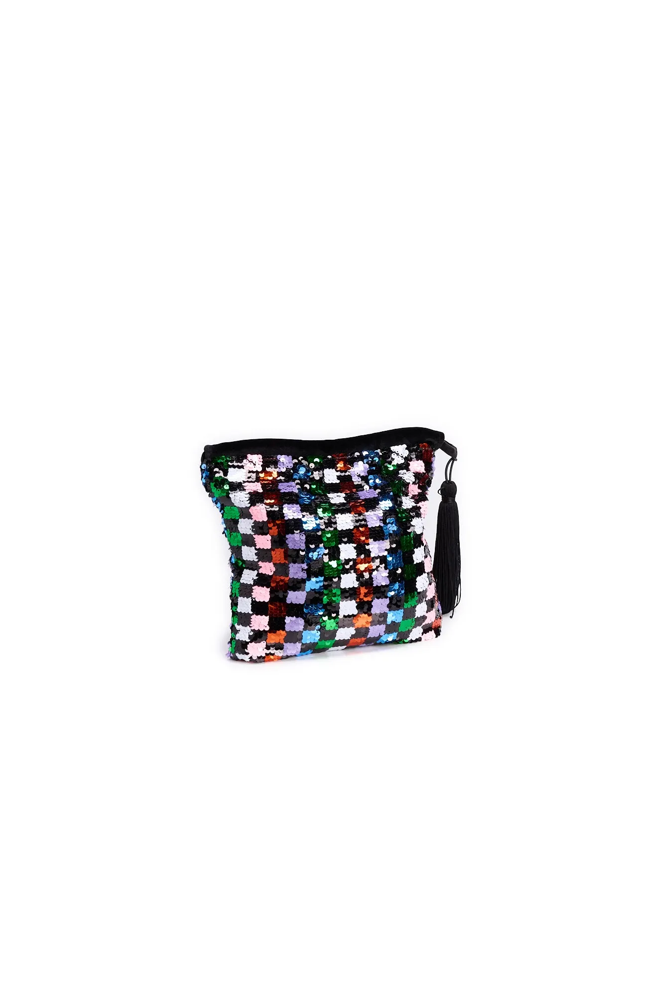 Black, white and green sequined bucket bag