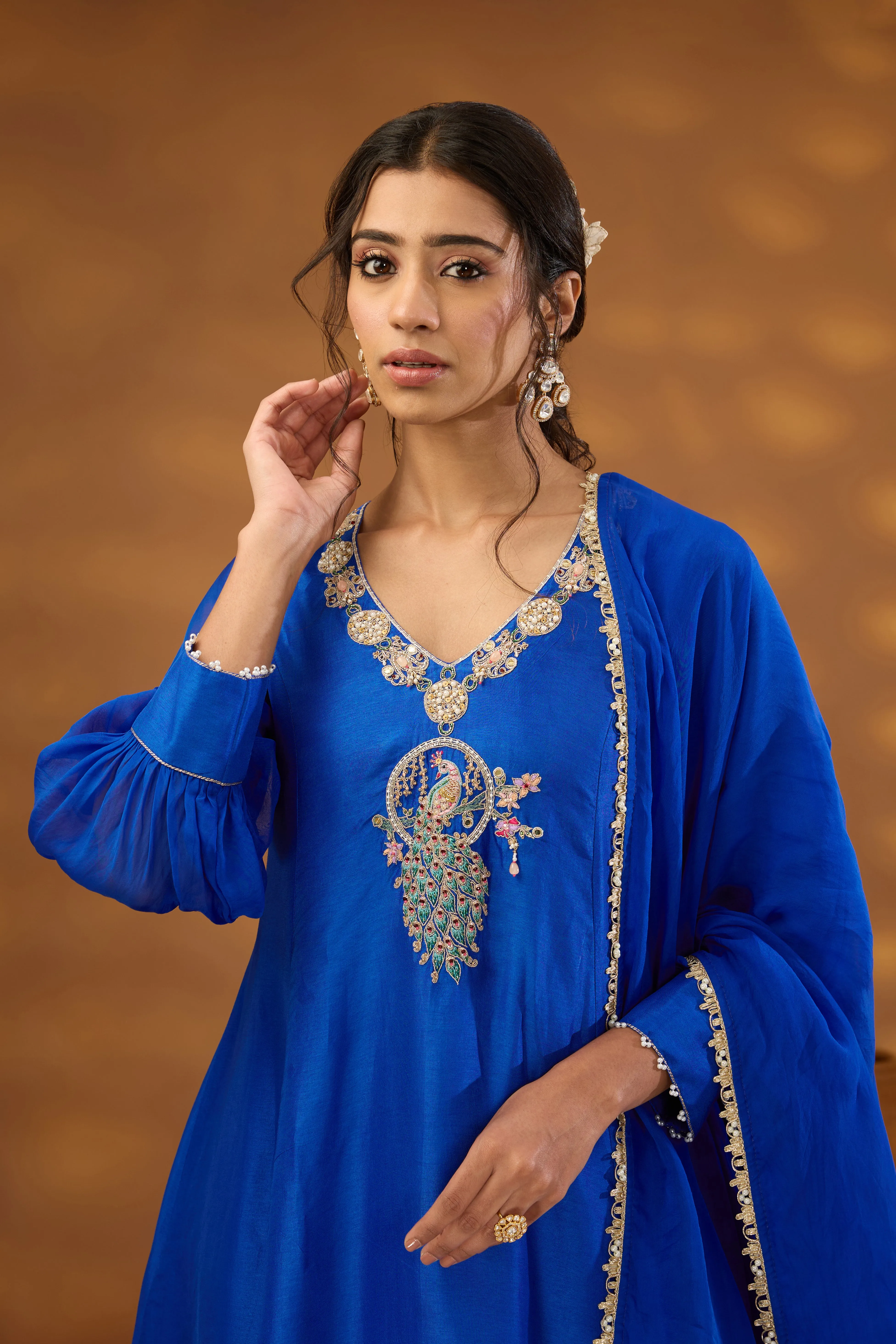 blue silk embroidered kurta set