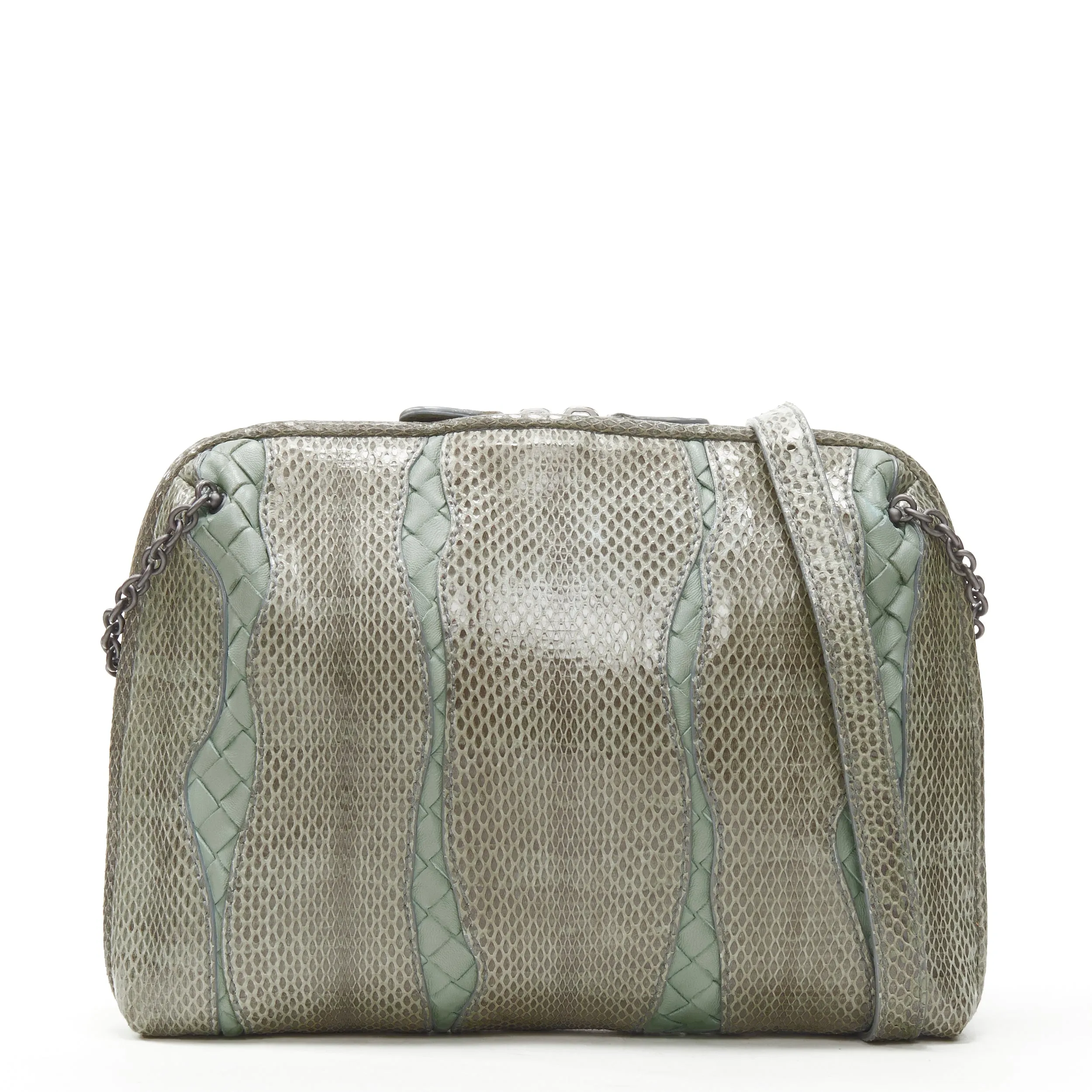 BOTTEGA VENETA Ayers watersnake green Intrecciato woven top zip crossbody bag