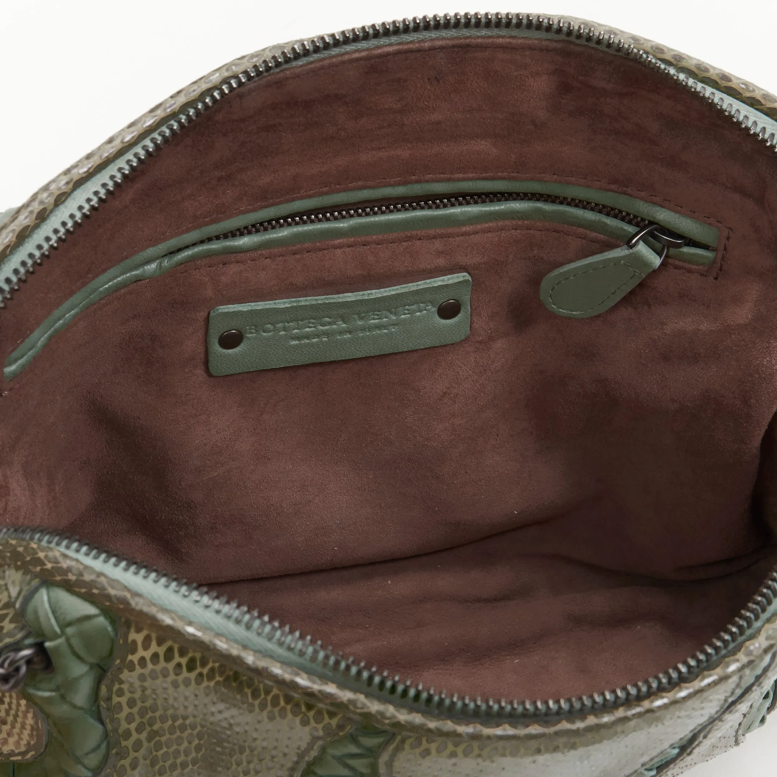 BOTTEGA VENETA Ayers watersnake green Intrecciato woven top zip crossbody bag