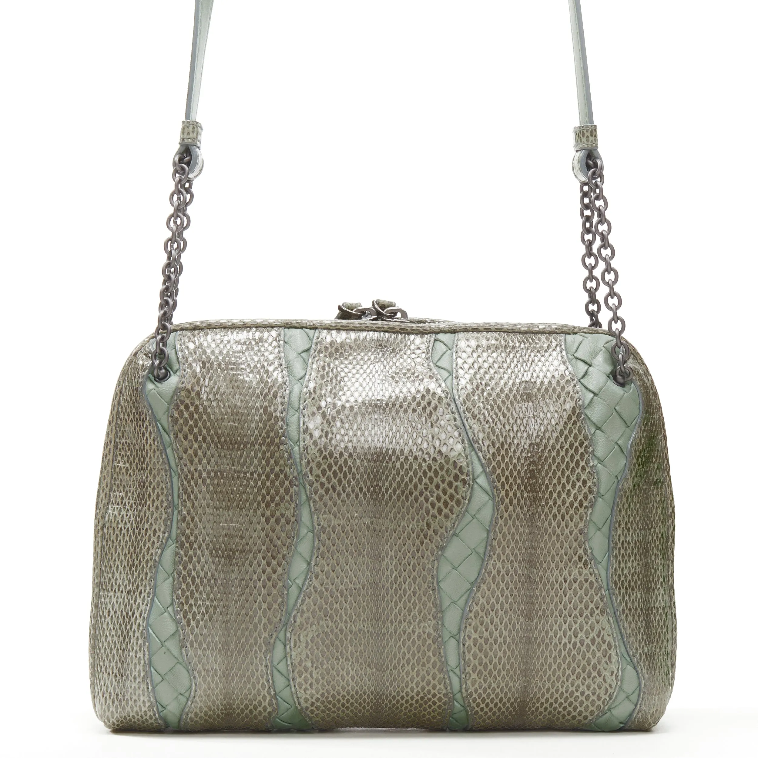 BOTTEGA VENETA Ayers watersnake green Intrecciato woven top zip crossbody bag
