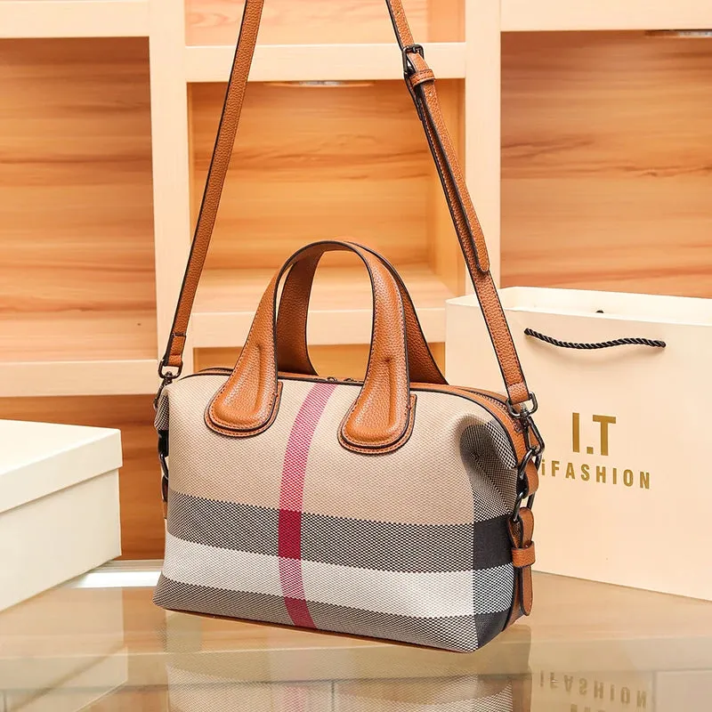 Canvas Leather Wide Strap Boston Hand Bag