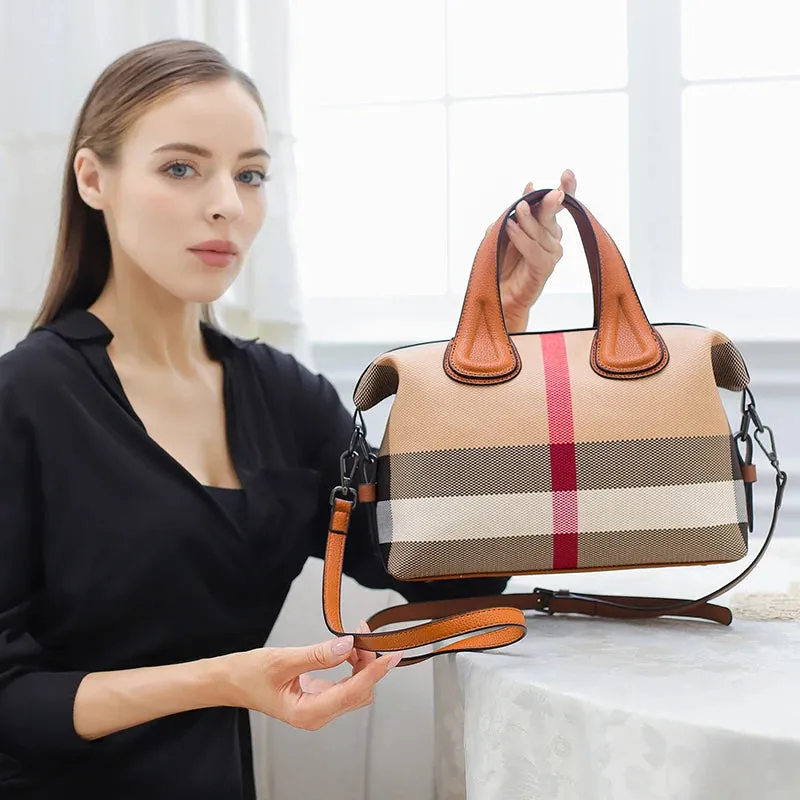 Canvas Leather Wide Strap Boston Hand Bag
