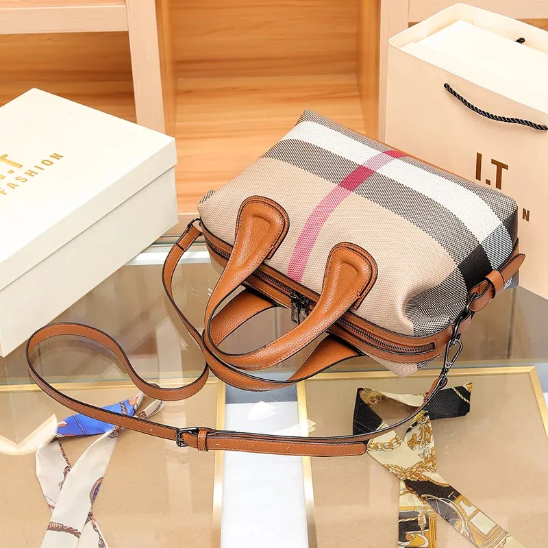 Canvas Leather Wide Strap Boston Hand Bag