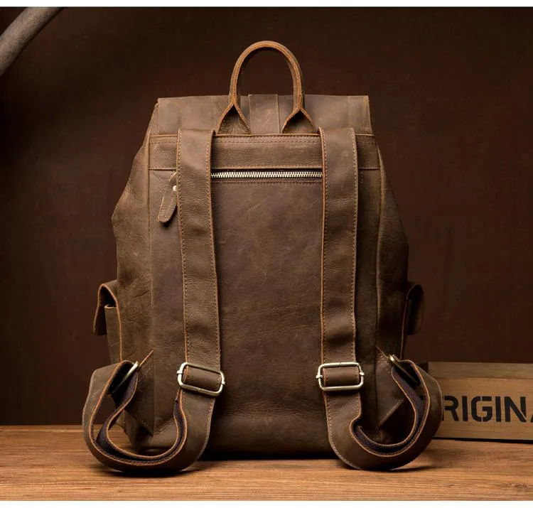 Casual Brown Mens Leather 15-inch Large Backpacks Brown College Backpack School Backpacks for men