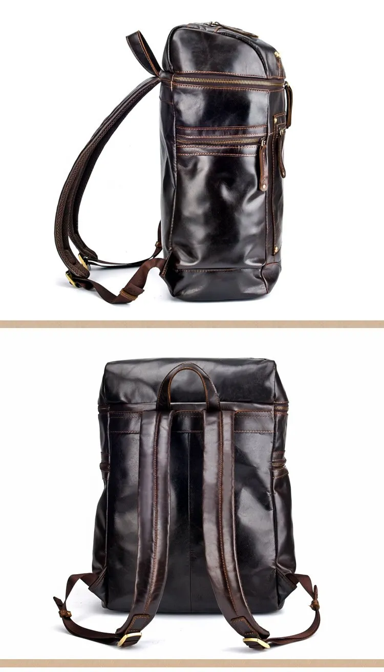 Casual Leather Mens 14inch Laptop Backpack School Backpack Barrel Travel Backpack for Men