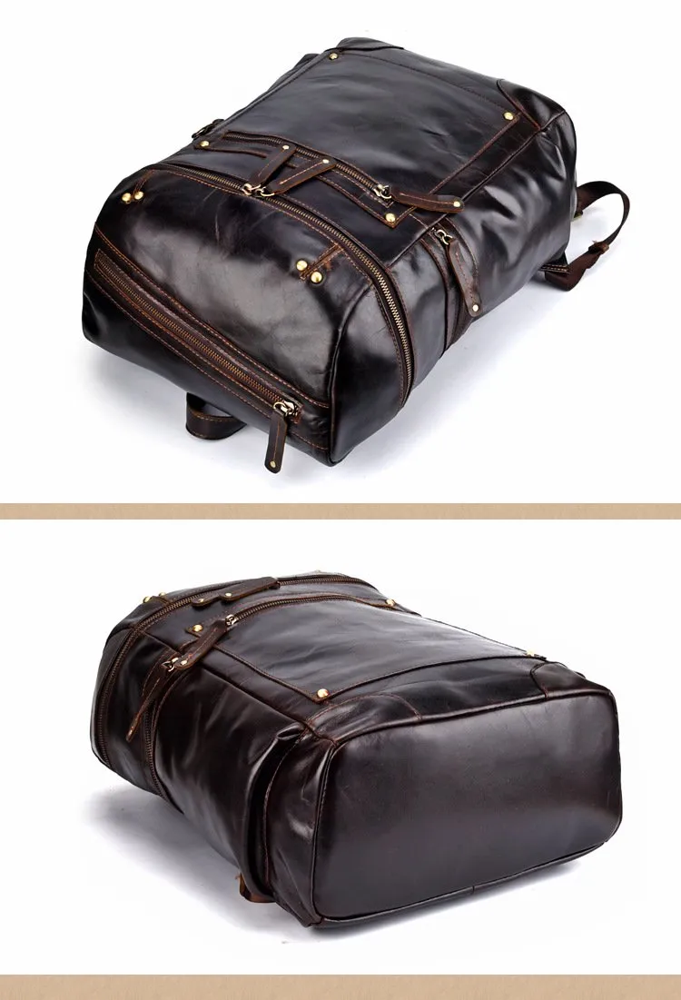 Casual Leather Mens 14inch Laptop Backpack School Backpack Barrel Travel Backpack for Men