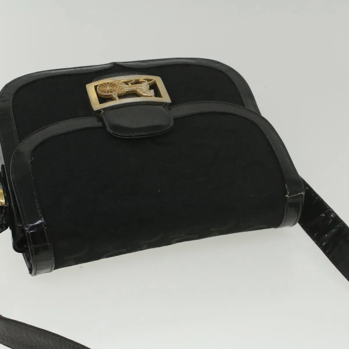 CELINE C Macadam Canvas Horse Carriage Shoulder Bag Black Auth bs8998