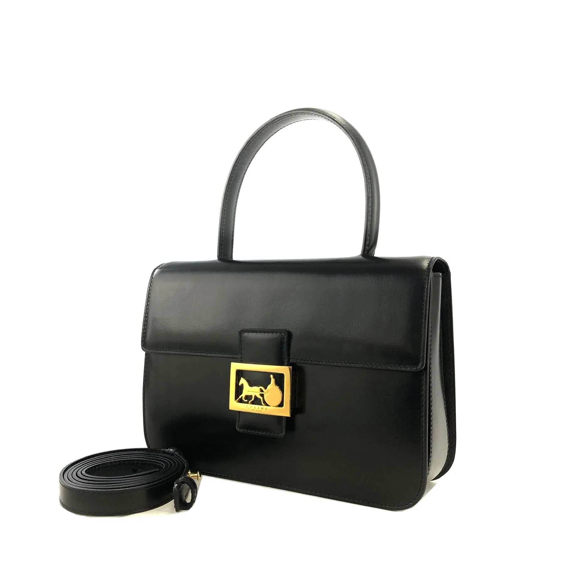 CELINE Horse Carriage Two-way Handbag Crossbody Shoulderbag Black Vintage Old CELINE amcz36