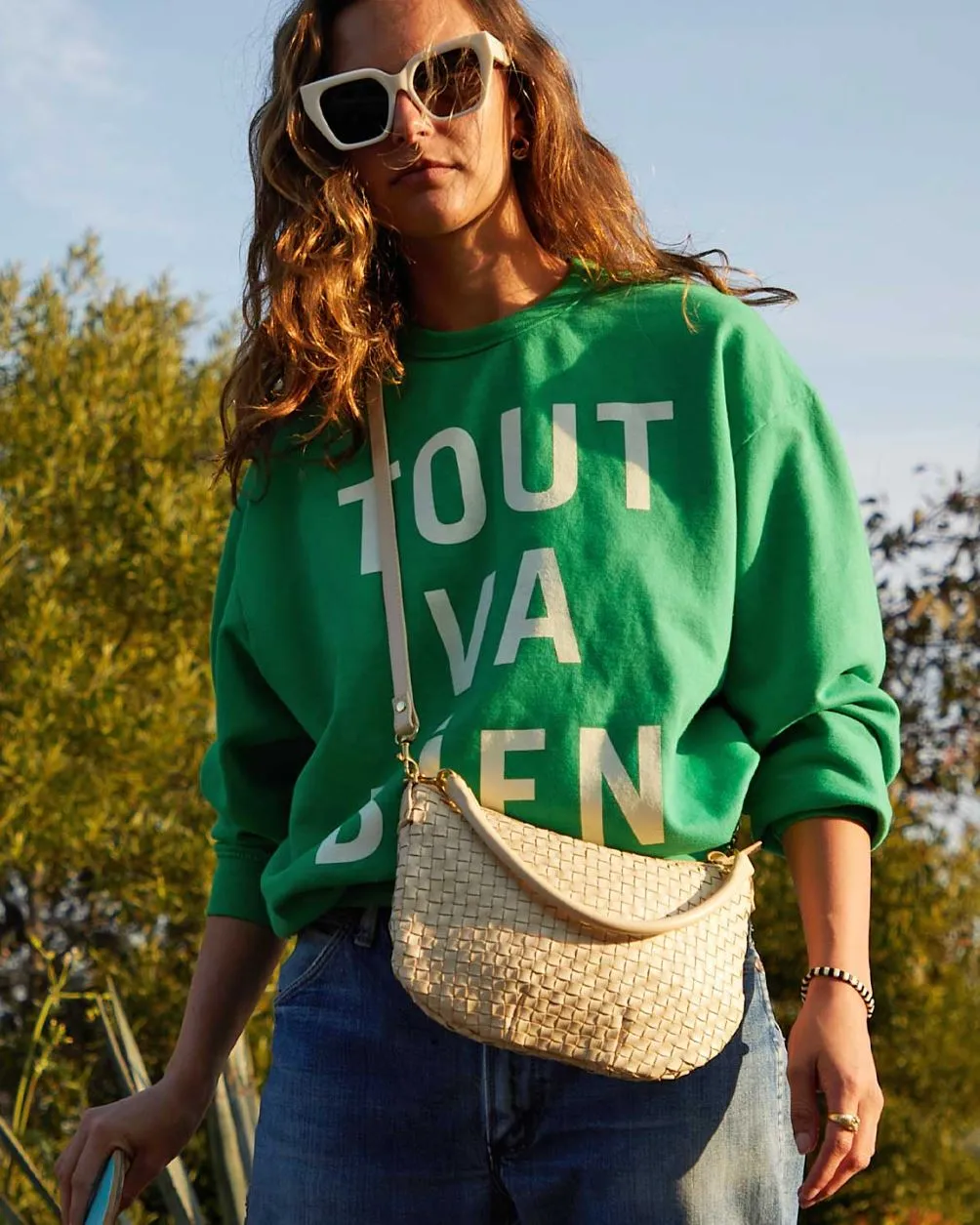 Clare V Petit Moyen Messenger in Cream Woven Checker