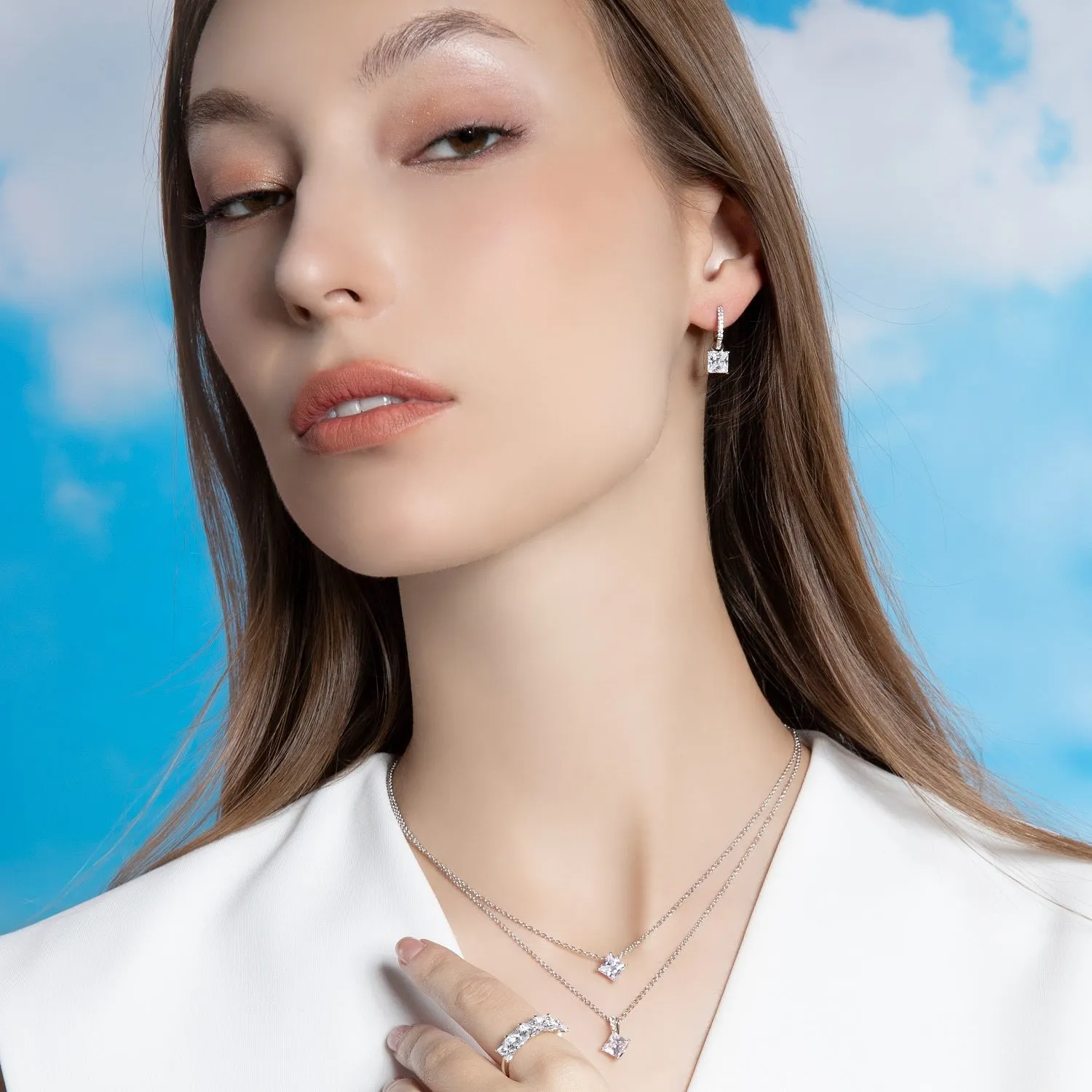 Classic Silver Rhodium Plated Lozenge Design Princess Cut CZ Drop Pendant with 16" Chain Necklace