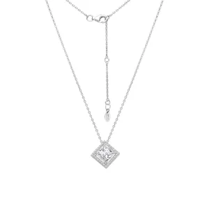 Classic Silver Rhodium Plated Lozenge Design Princess Cut CZ Halo Pendant with 16" Chain Necklace