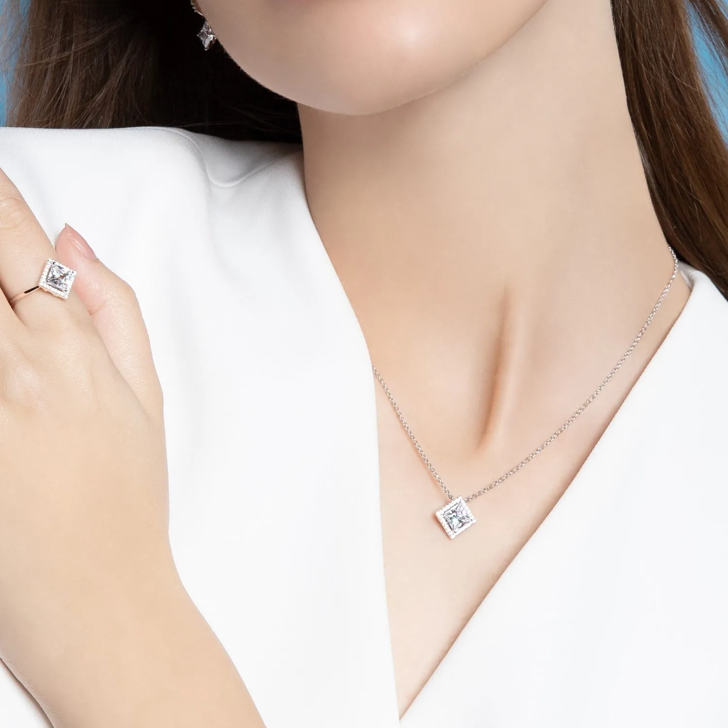 Classic Silver Rhodium Plated Lozenge Design Princess Cut CZ Halo Pendant with 16" Chain Necklace
