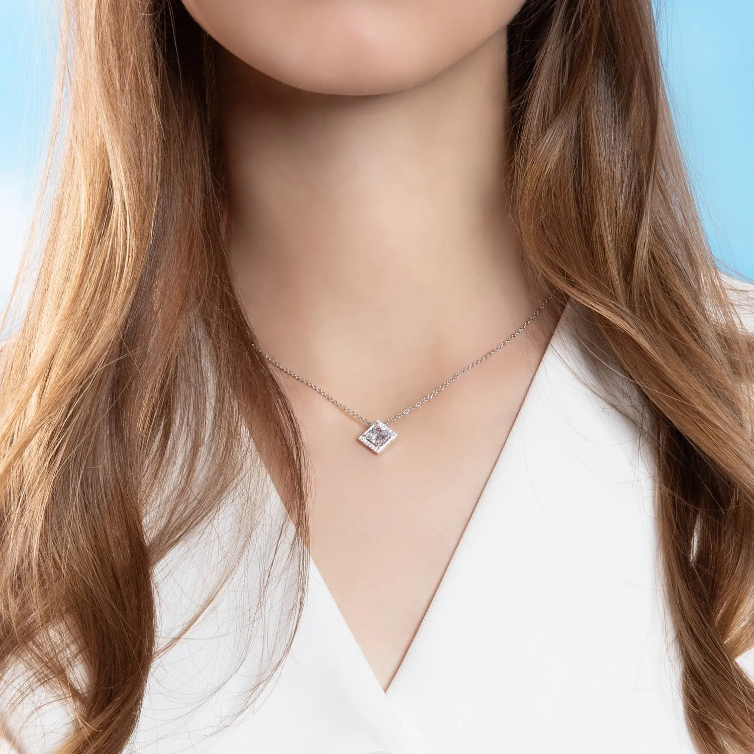 Classic Silver Rhodium Plated Lozenge Design Princess Cut CZ Halo Pendant with 16" Chain Necklace