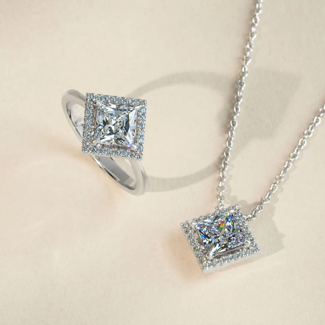 Classic Silver Rhodium Plated Lozenge Design Princess Cut CZ Halo Pendant with 16" Chain Necklace