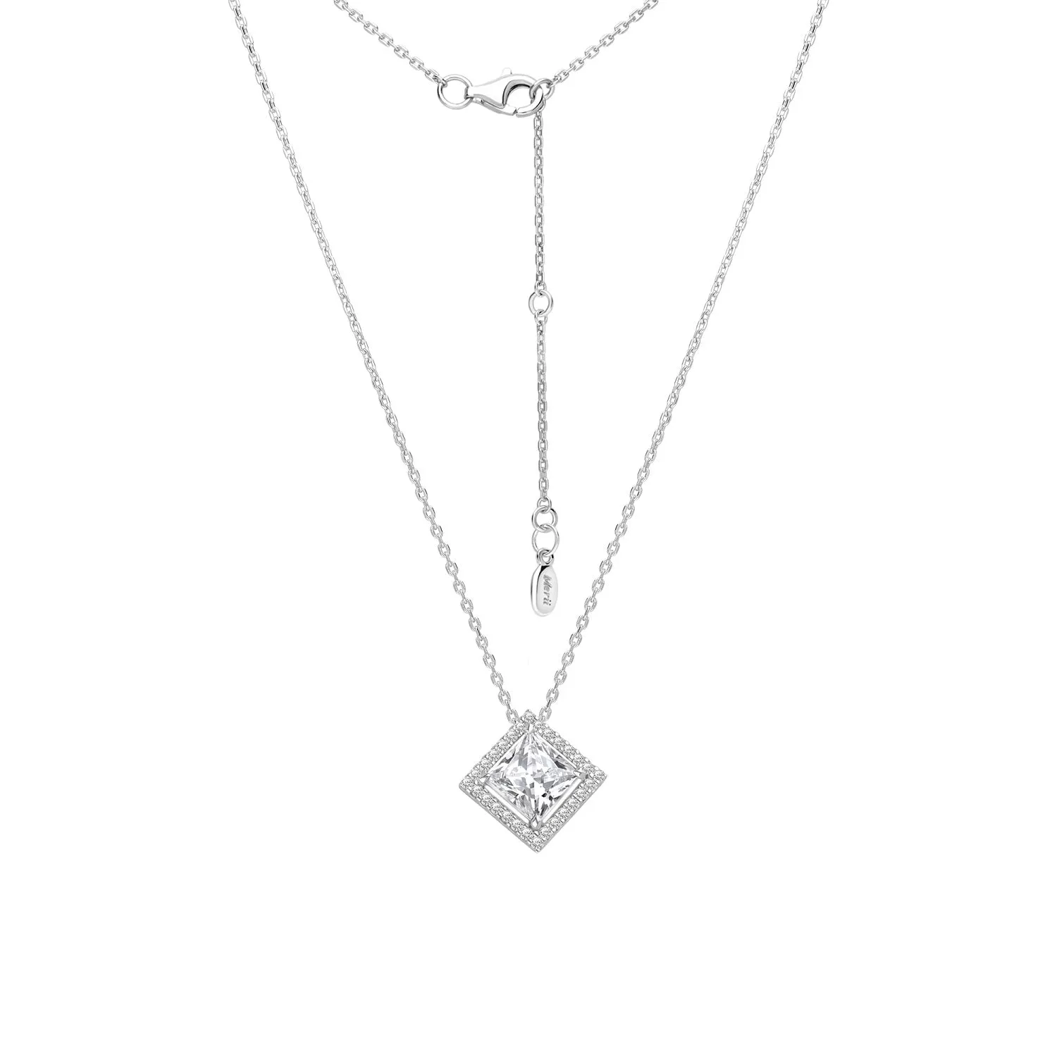 Classic Silver Rhodium Plated Lozenge Design Princess Cut CZ Halo Pendant with 16" Chain Necklace