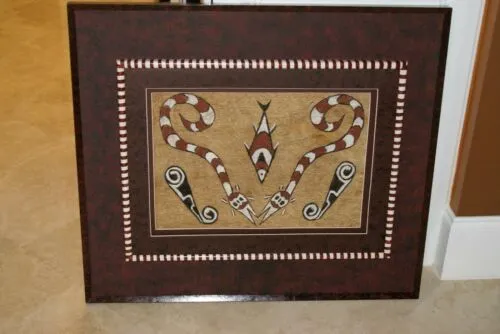 CUSTOM FRAMED Rare Tapa Kapa Bark Cloth (Kapa in Hawaii), from Lake Sentani, Irian Jaya, Papua New Guinea. Hand painted with natural pigments by a Tribal Artist: Abstract Geometric Stylized Turtle Motifs 9.75" x 7.75" (DFBA12)
